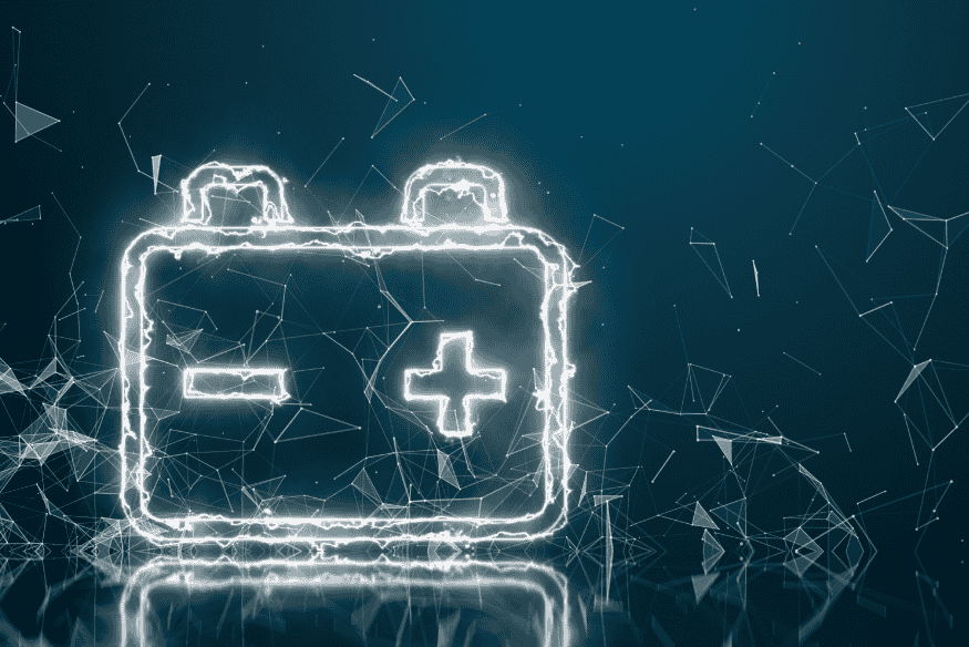 Ilustração digital de bateria elétrica em energia luminosa, representando o funcionamento e recarga de baterias de carros elétricos em 2025
