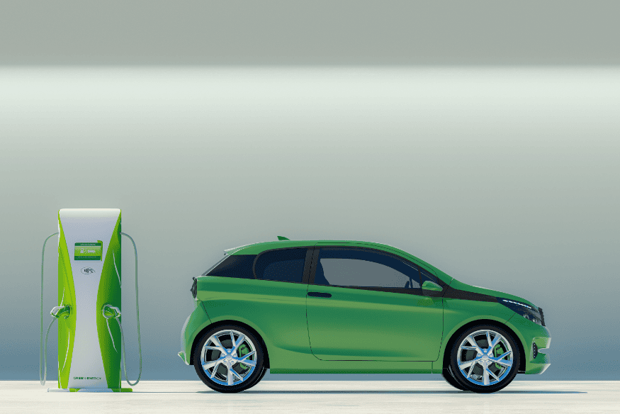 Carro elétrico verde conectado a estação de recarga, simbolizando sustentabilidade, economia e mobilidade moderna no Brasil em 2025.