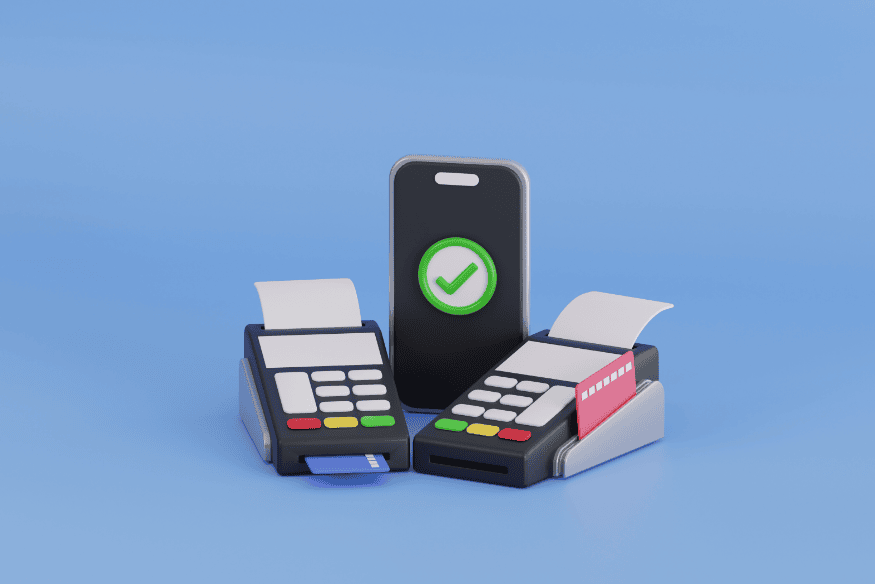 Máquinas de cartão e celular com ícone de confirmação simbolizando segurança nos pagamentos ao comprar carro online.