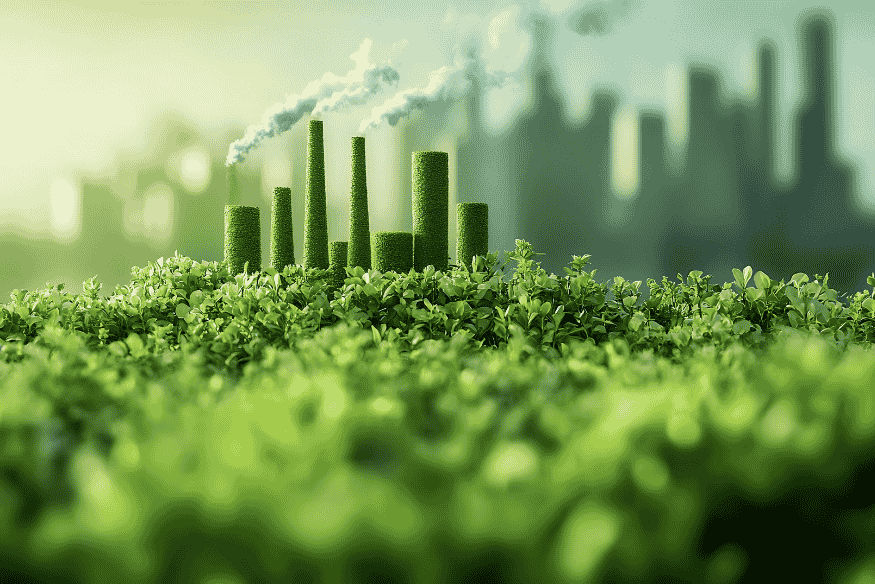 Paisagem verde com indústrias sustentáveis simbolizando redução de emissões e incentivo a veículos elétricos