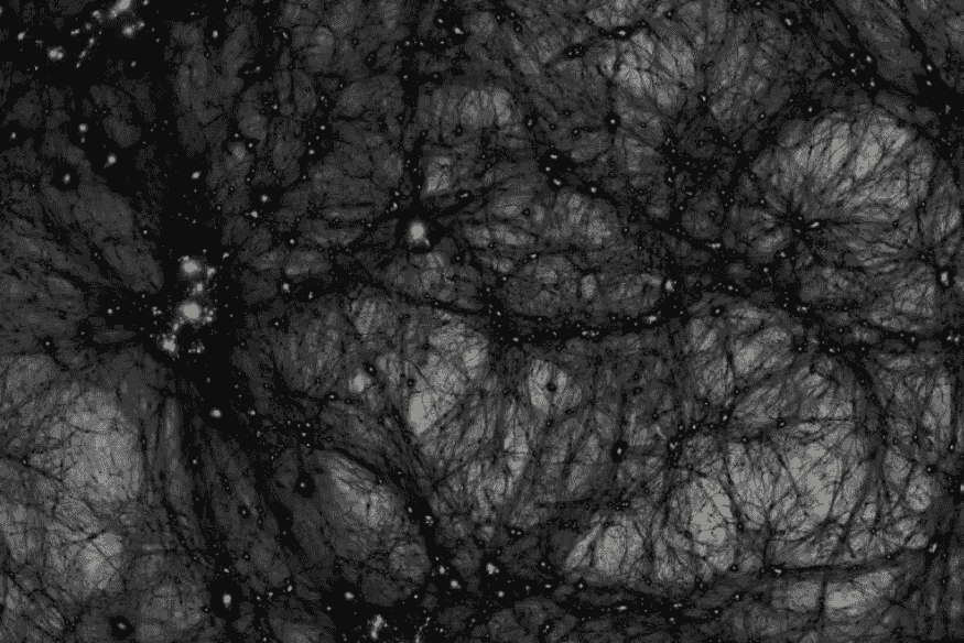 Mapa cósmico com estruturas semelhantes à teia do Universo, associado aos estudos de matéria escura e energia escura