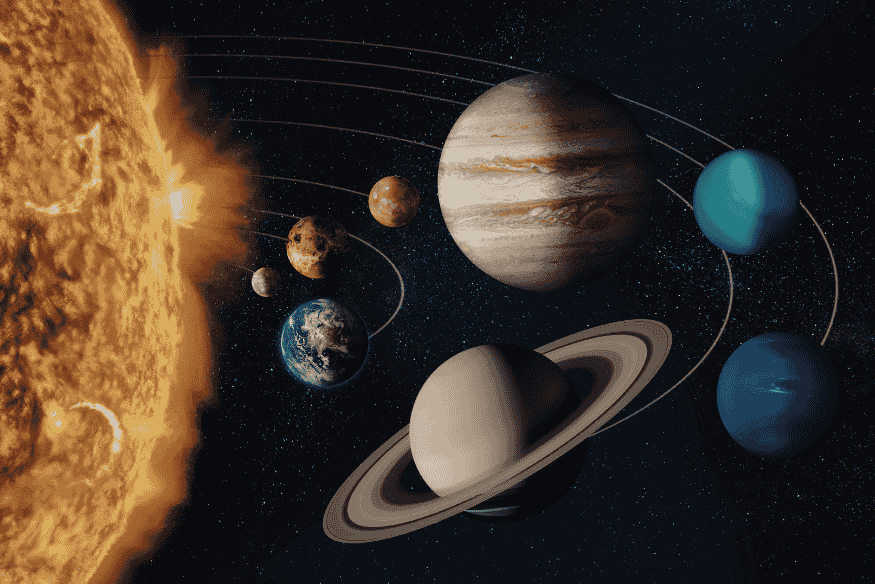 Sistema Solar com planetas em órbita, representando objetos que podem ser monitorados pelo Vera Rubin Observatory