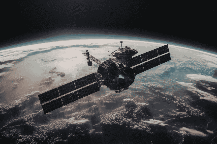 Satélite orbitando a Terra no espaço, ilustrando a órbita da Terra e os movimentos relacionados ao analema solar