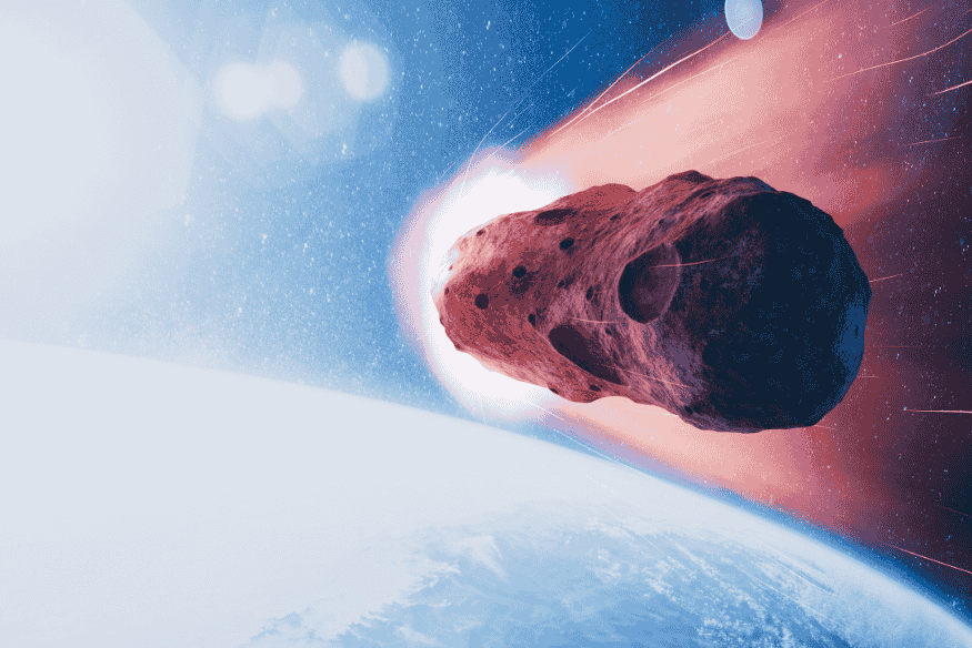 Asteroide passando perto da Terra em ilustração espacial, representando uma passagem próxima e o monitoramento de objetos potencialmente perigosos