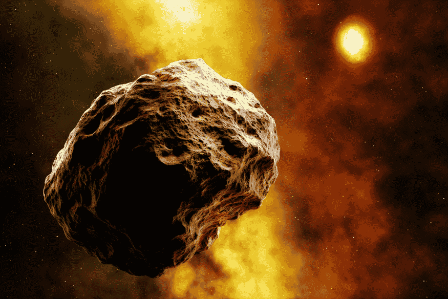 Asteroide iluminado pelo Sol no espaço, mostrando como a luz solar influencia o brilho de objetos próximos da Terra