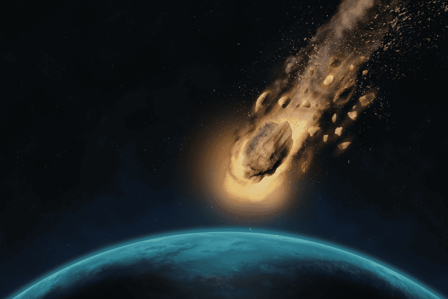 Asteroide entrando na vizinhança da Terra com fragmentos e trilha luminosa, ilustração de um objeto espacial em aproximação do planeta