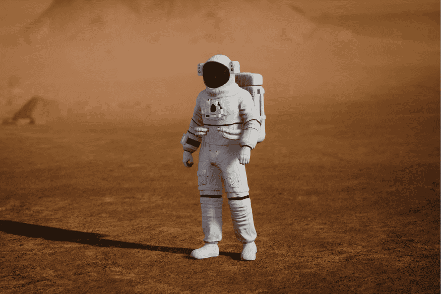 Astronauta usando traje espacial em ambiente desértico, mostrando os desafios físicos de uma caminhada espacial
