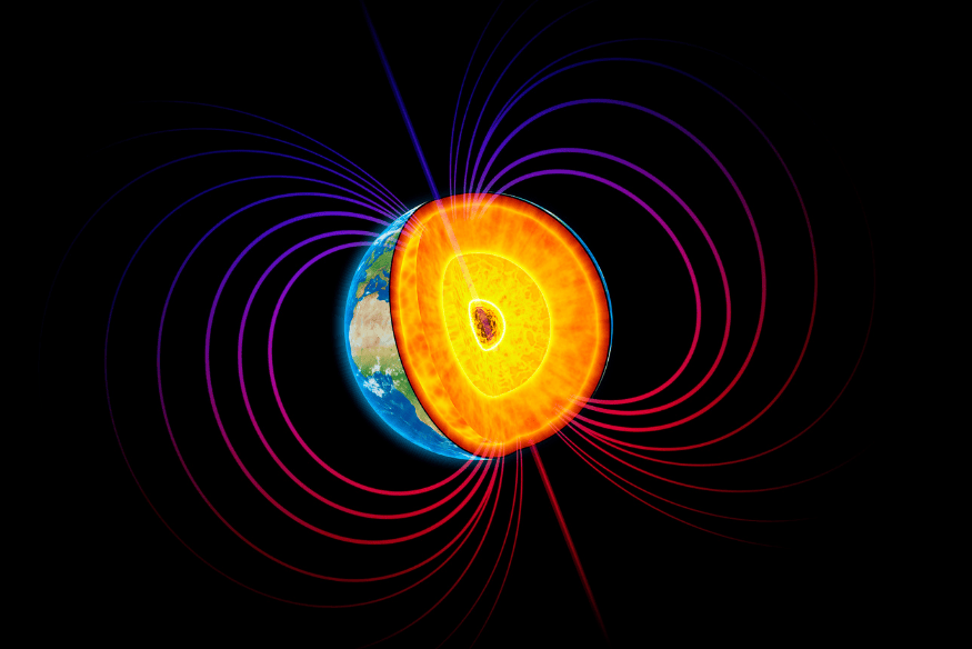 Estrutura interna da Terra com linhas do campo magnético planetário ao redor do planeta