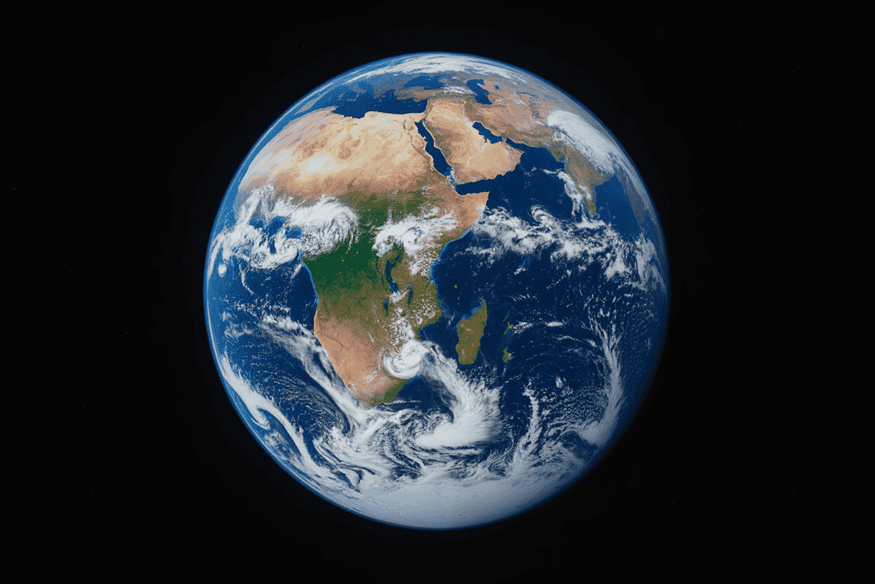 Planeta Terra visto do espaço com atmosfera e nuvens, relacionado ao campo magnético dos planetas