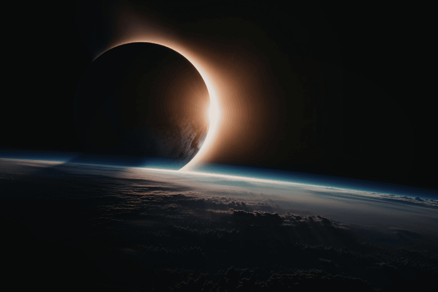 Planeta iluminado visto do espaço acima da atmosfera terrestre, ilustrando a influência da atmosfera na cintilação dos planetas