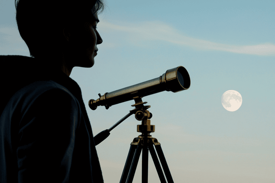 Pessoa observando a Lua com telescópio, exemplo de uso prático de ocular para observação astronômica