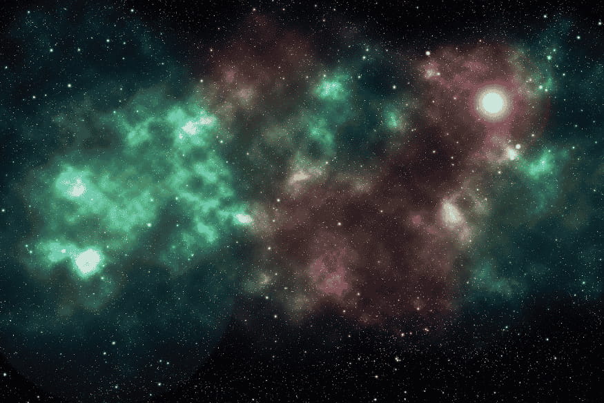 Nebulosa esverdeada e rosada no espaço, exemplo de cores captadas por sensores em imagens astronômicas