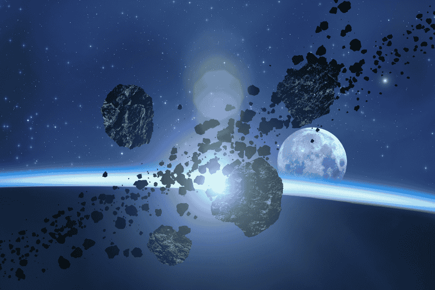 Cinturão de asteroides no espaço próximo a um planeta, representando objetos monitorados antes de se aproximarem da Terra