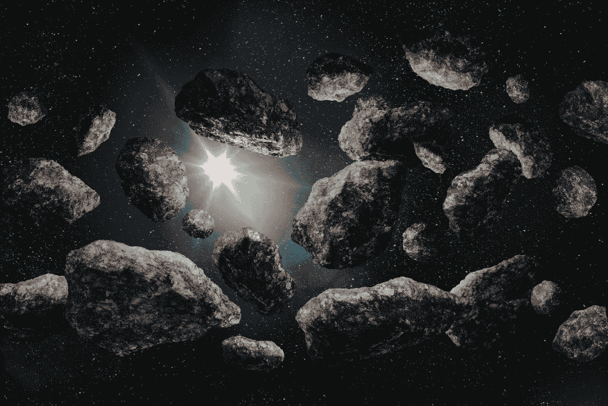 Grupo de asteroides no espaço, ilustrando corpos rochosos que podem ser acompanhados por telescópios de vigilância