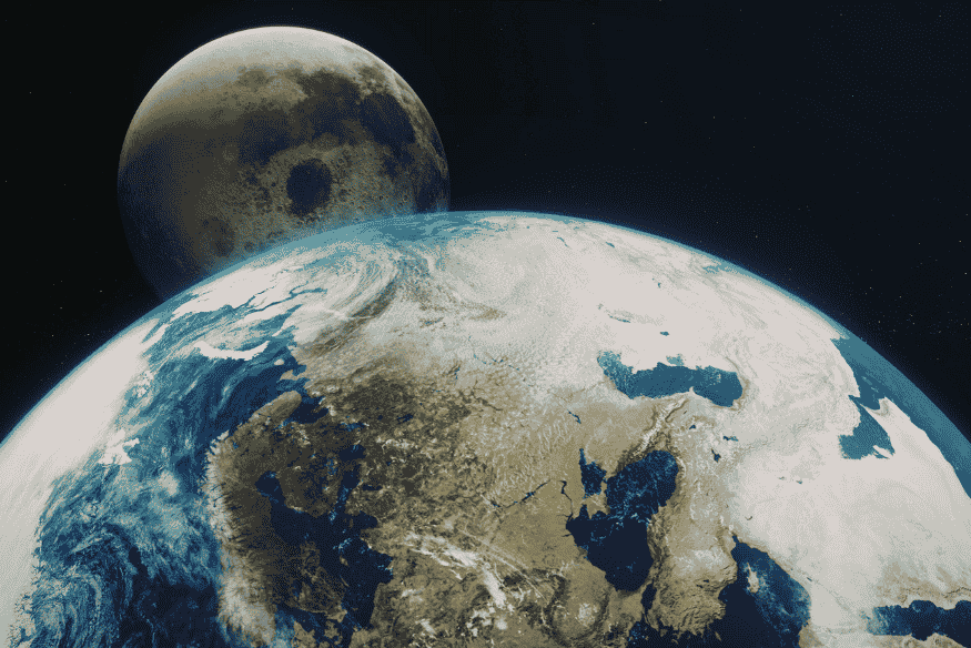 Terra e Lua vistas do espaço, ilustrando a força gravitacional que mantém a Lua em órbita
