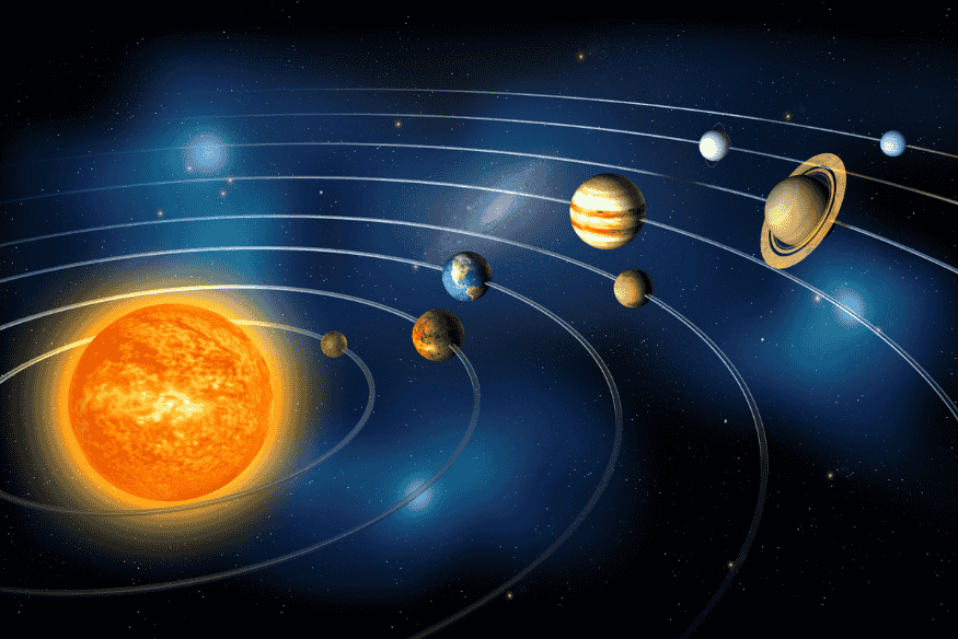 Sistema Solar com planetas em órbita ao redor do Sol, exemplo da ação da gravidade no espaço