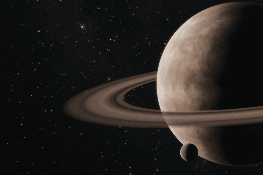 Saturno com seus anéis e lua próxima, exemplo de planeta gigante formado em sistema planetário