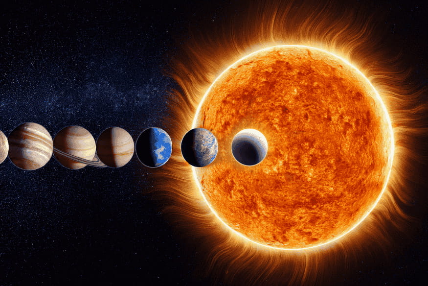 Sistema Solar com planetas alinhados ao redor do Sol, exemplo de sistema planetário formado a partir de disco de gás e poeira