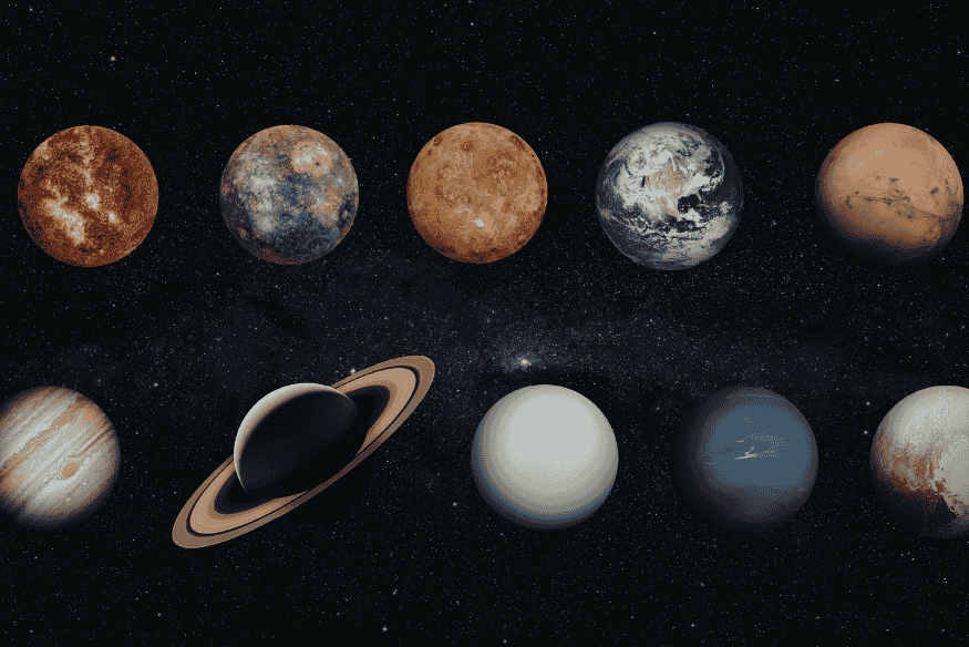 Conjunto de planetas rochosos e gasosos no espaço, mostrando a diversidade possível em sistemas planetários