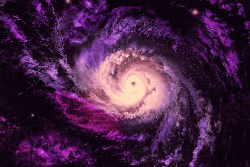 Galáxia anã em tons roxos com núcleo brilhante, representando sistemas pequenos usados em estudos de cosmologia