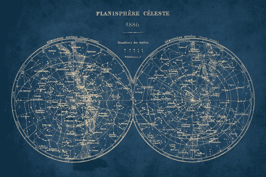 Mapa celeste antigo com constelações, recurso simples para planejar observações astronômicas gastando pouco