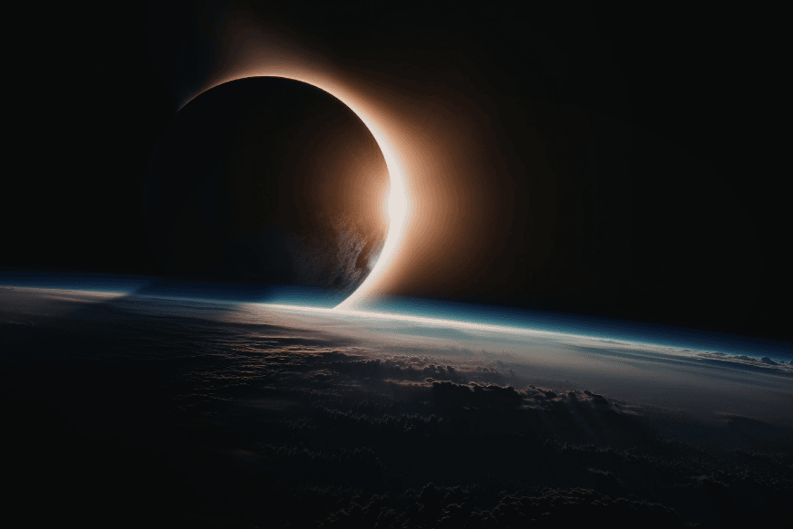 Eclipse visto acima da Terra com brilho no horizonte, ilustrando como a atmosfera e as condições do ar interferem na nitidez e transparência do céu noturno