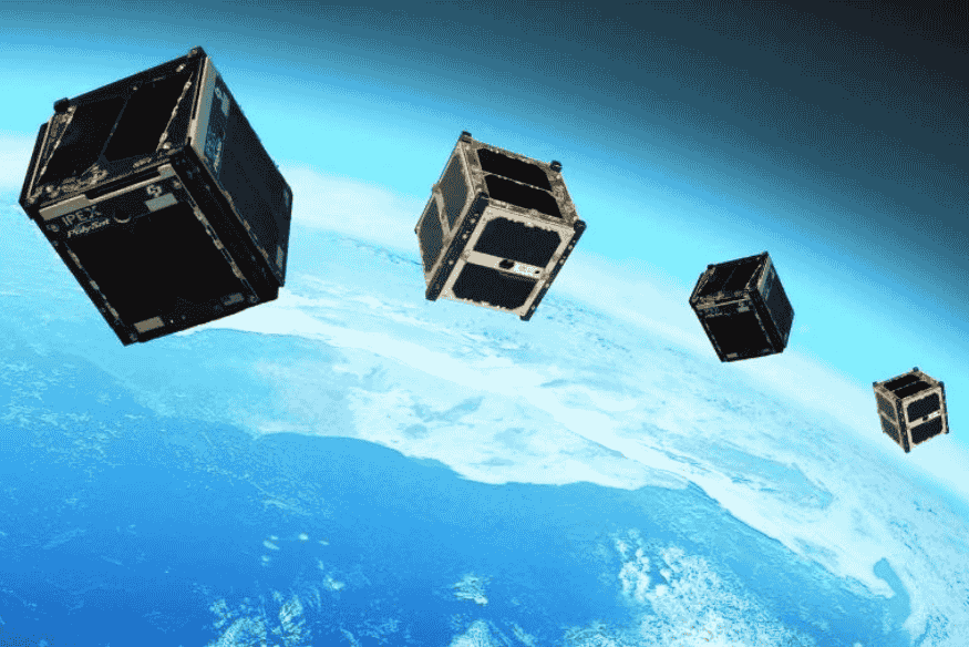 CubeSats em órbita sobre a Terra, tecnologia usada para apoiar estudos espaciais como os da missão Hera
