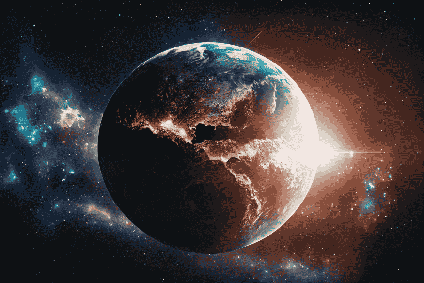 Terra vista do espaço com luz solar ao fundo, representando a proteção planetária estudada pela missão Hera