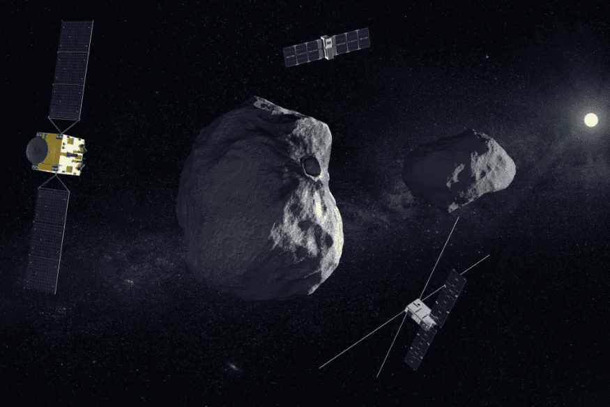 Sondas espaciais próximas a asteroides, ilustrando a investigação da missão Hera sobre defesa planetária