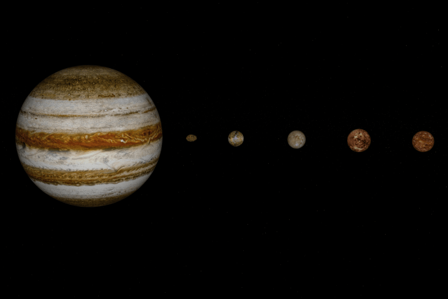 Júpiter e suas luas em alinhamento no espaço, destacando os principais alvos da missão JUICE