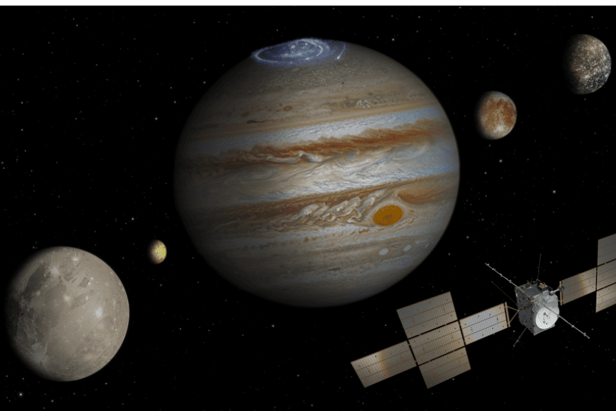Sonda espacial próxima a Júpiter e suas luas, ilustrando a investigação da missão JUICE no sistema joviano