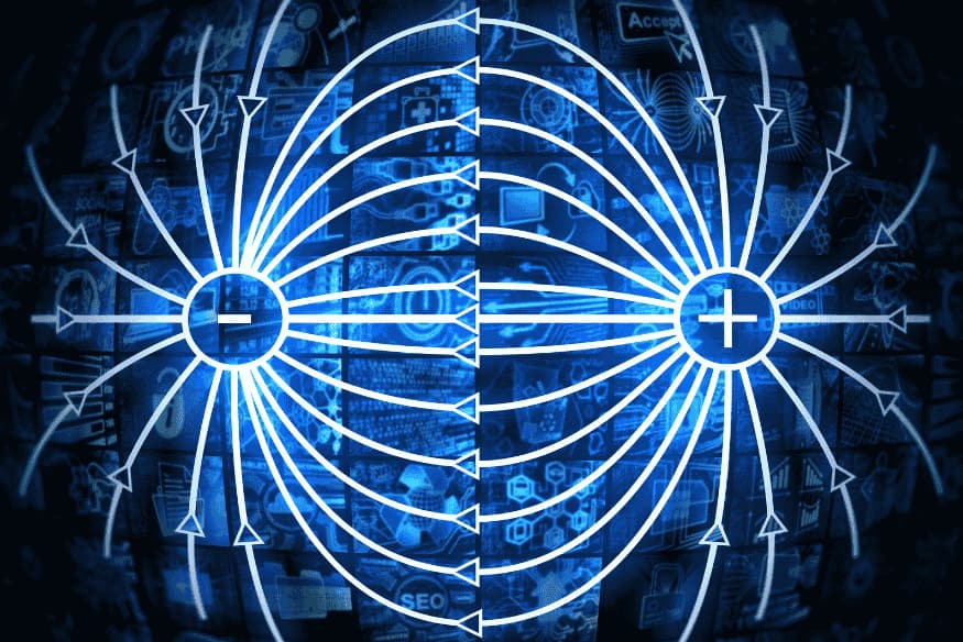 Ilustração de campo magnético com linhas de força, representando sua influência na dinâmica das nuvens moleculares