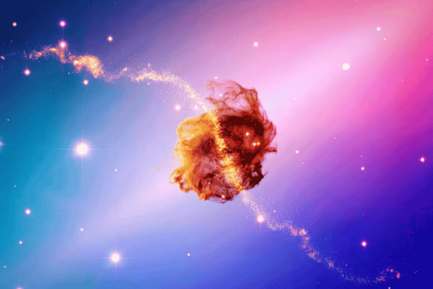 Nuvem cósmica colorida no espaço com estrelas ao redor, representando matéria-prima para formação de estrelas e planetas