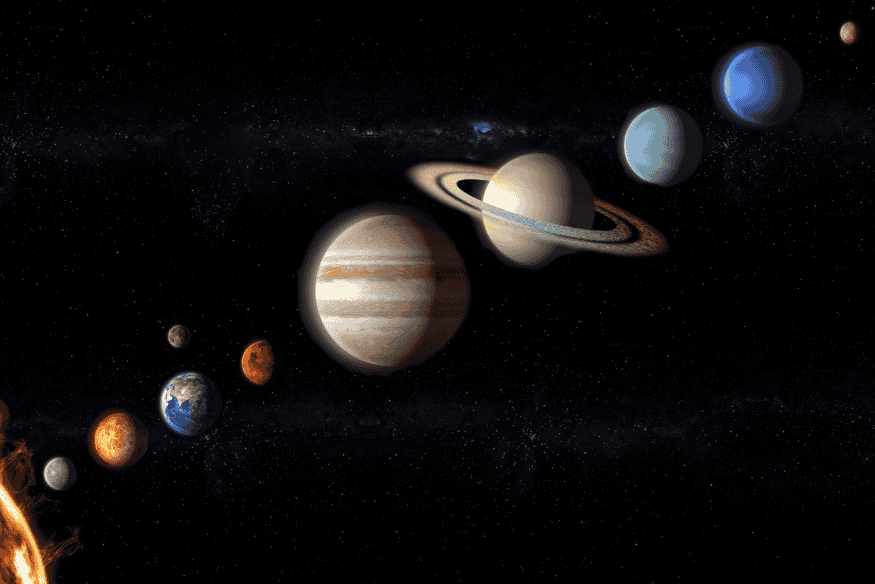 Sistema Solar com planetas alinhados ilustrando a relação do Gegenschein com a poeira espalhada no plano orbital