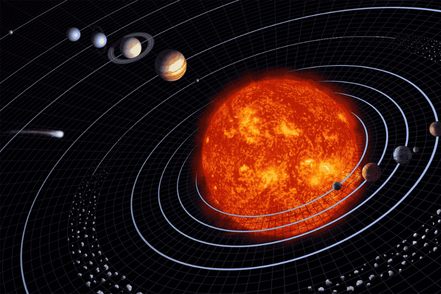Sistema Solar com órbitas dos planetas e regiões externas influenciadas pelo vento solar