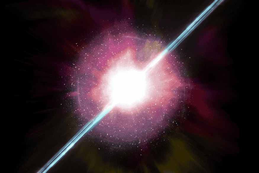 Pulsar emitindo feixes de radiação pelo espaço, explicando o funcionamento dos relógios cósmicos