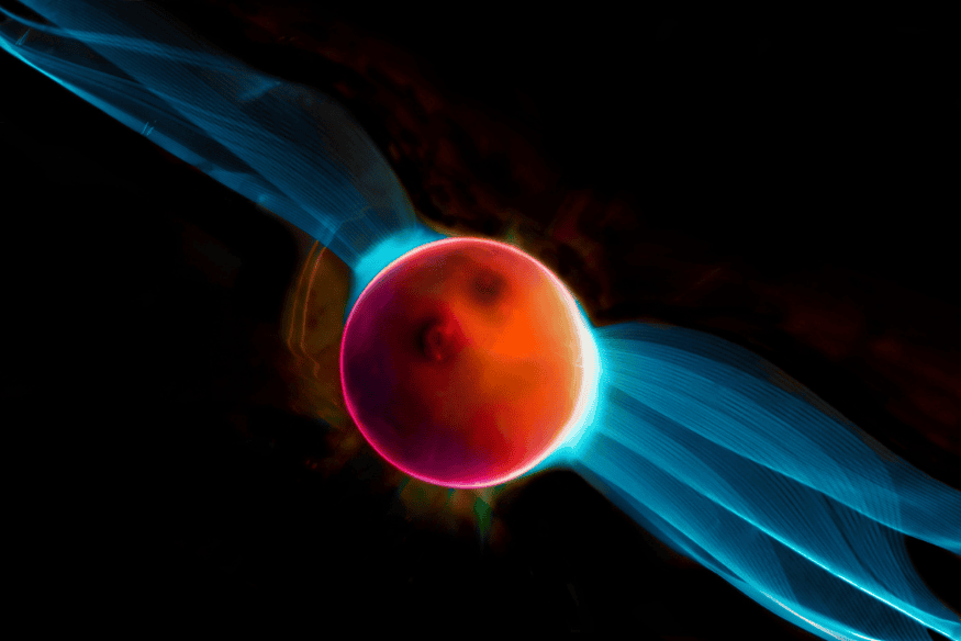 Pulsar com feixes azuis saindo de uma estrela compacta, representando emissão periódica de radiação no espaço