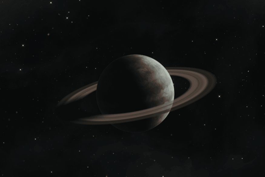 Saturno no espaço com seus anéis visíveis, exemplo de planeta que ganha destaque quando entra em oposição planetária