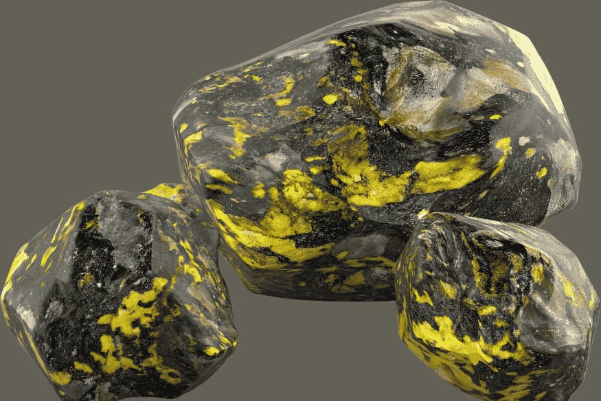 Rochas com minerais metálicos, representando elementos pesados formados em eventos cósmicos extremos