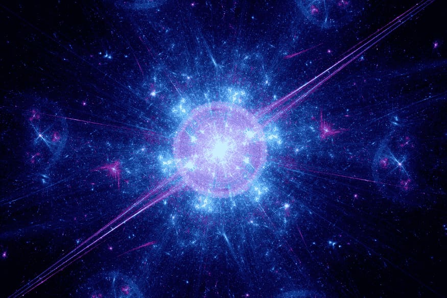 Explosão de luz no espaço representando o Big Bang e a origem dos primeiros elementos do Universo