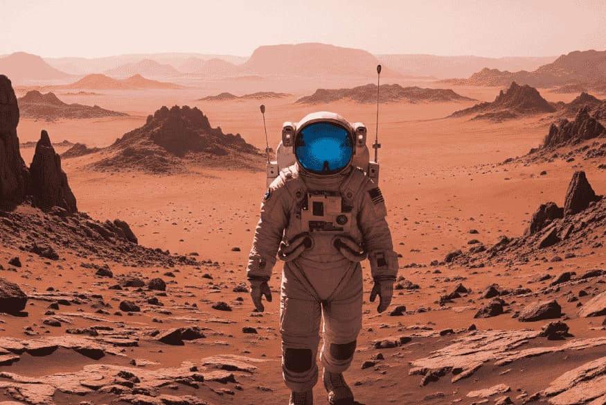 Astronauta caminhando em paisagem semelhante a Marte, ilustrando como o peso muda em diferentes ambientes gravitacionais