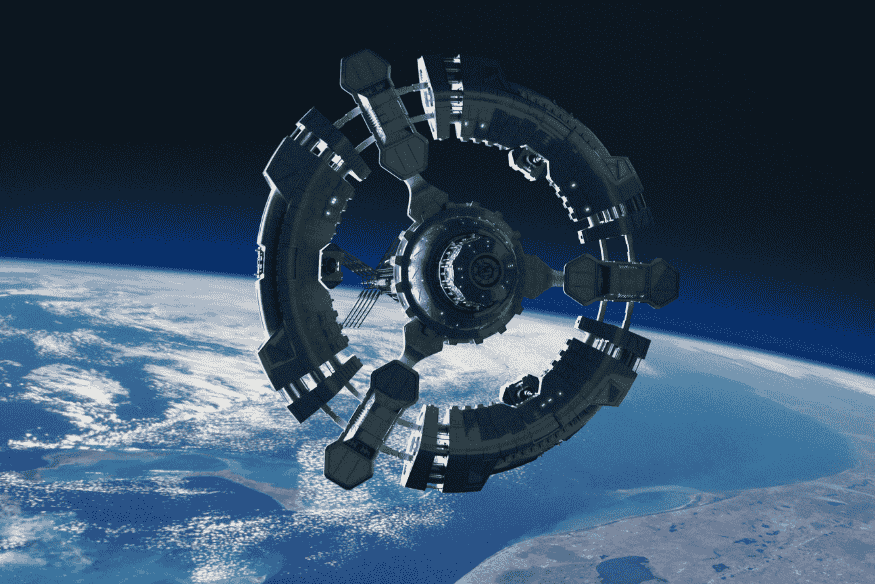 Estação espacial em órbita da Terra, onde astronautas vivem em condição de microgravidade