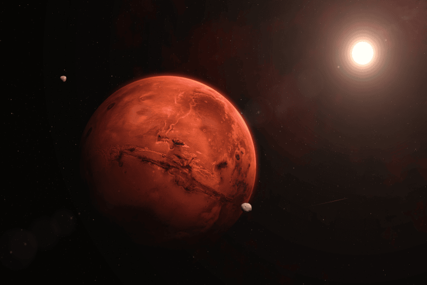 Marte iluminado pelo Sol no espaço, exemplo de planeta que tende a piscar menos que as estrelas