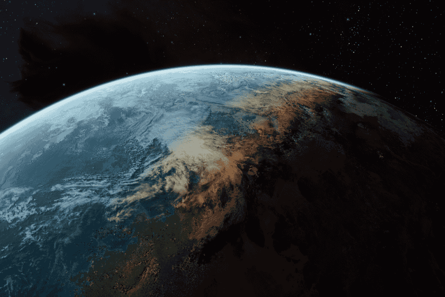 Terra vista do espaço com metade iluminada e metade em sombra, destacando o eixo terrestre relacionado à precessão dos equinócios