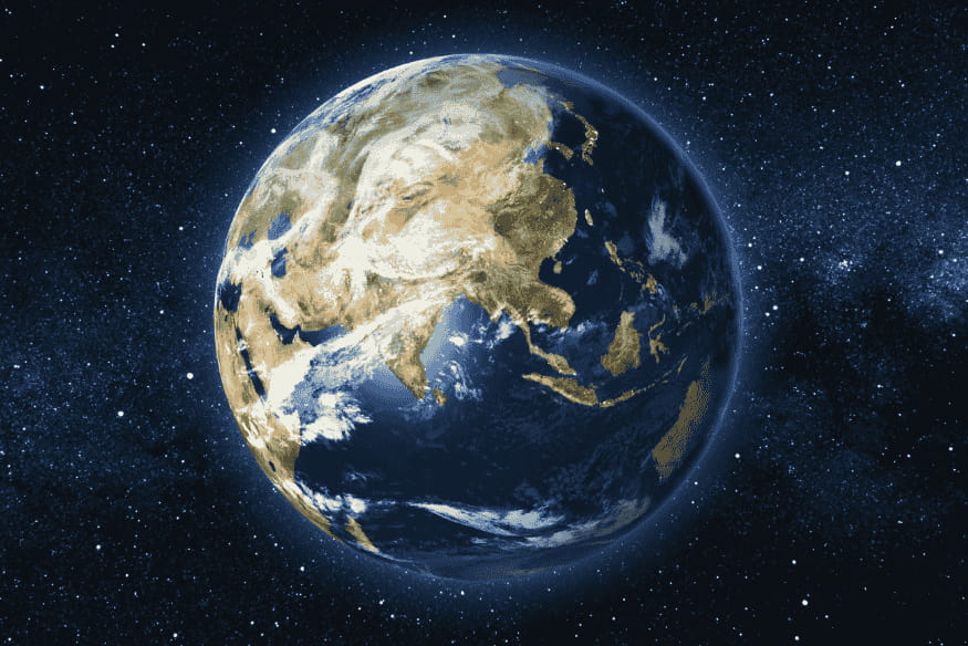 Planeta Terra visto do espaço com estrelas ao fundo, ilustrando os movimentos lentos ligados à precessão dos equinócios