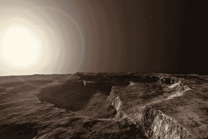 Superfície de Mercúrio iluminada pelo Sol, mostrando o terreno rochoso e craterado do planeta mais próximo da estrela