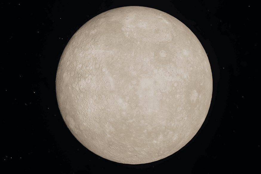 Mercúrio em destaque no espaço com aparência clara e craterada contra o fundo escuro