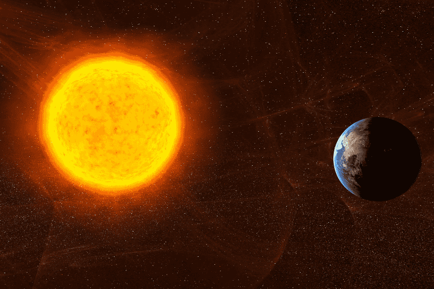 Sol e Terra no espaço, representando a posição aparente do Sol e a percepção de tamanho no horizonte