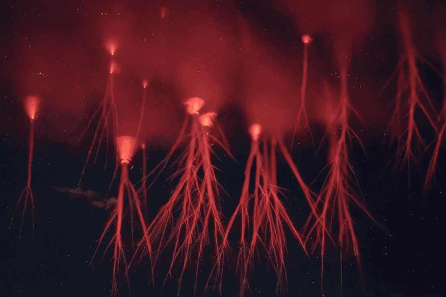 Grupo de sprites vermelhos iluminando a alta atmosfera com filamentos avermelhados sobre tempestade distante