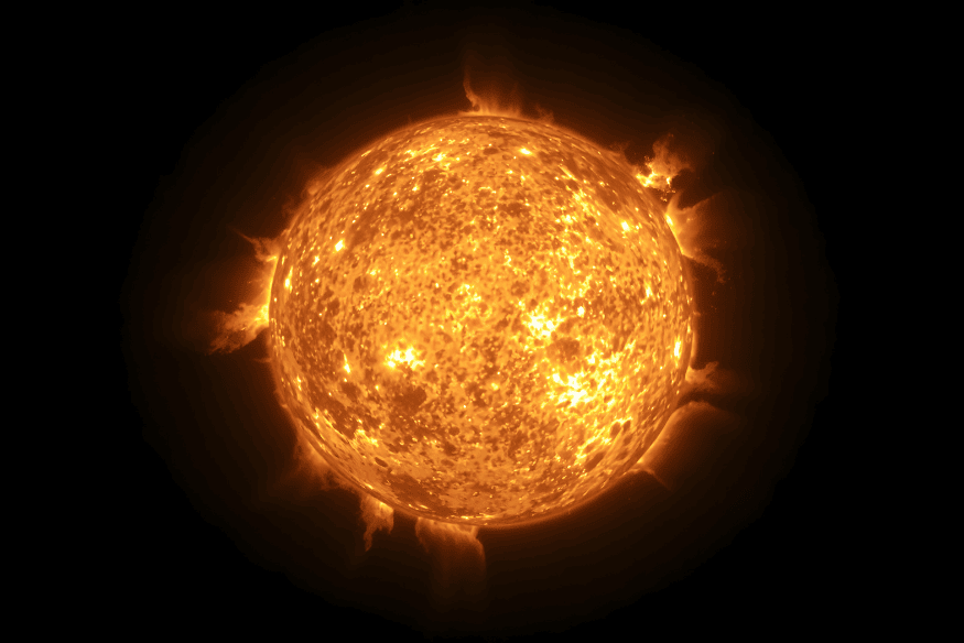 Sol com intensa atividade na superfície, origem das partículas carregadas que formam o vento solar